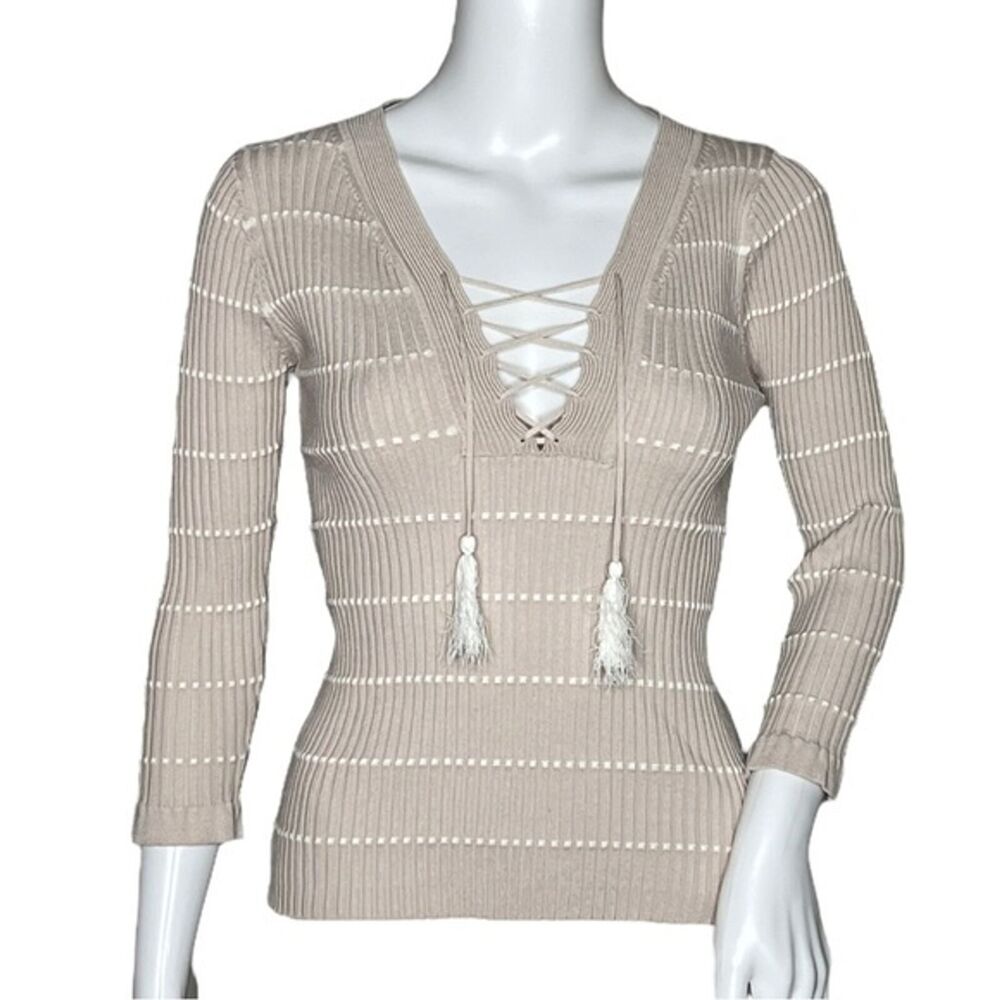 Heartloom Sweater Women XS Buff Beige Lace Up Ribbed Knit Tassel Tie Boho Casual